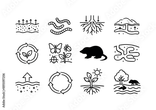 Mole Ecosystem Icons. Mole ecosystem role. Line icon set of Mole ecosystem role: aerated soil, worm population, root ventilation, soil turnover, nutrient