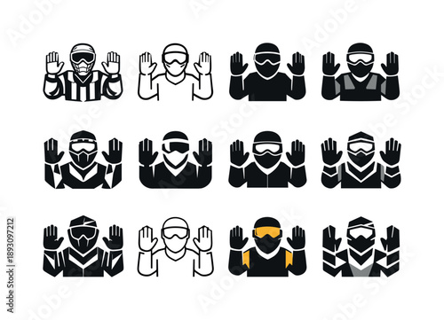 Paintball Icon Set. paintball. Icon set. Set Logo of paintball: referee surrender hand signal. harmonious logo variations of the same emblematic concept, each