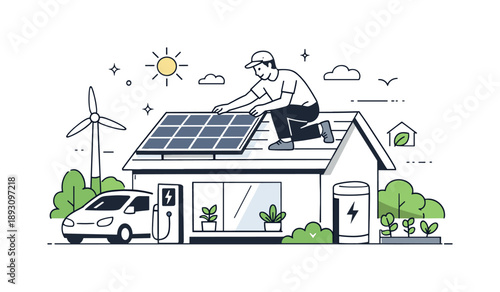 Eco-Friendly Solar Living. Green energy living. Person installing or checking solar panels, or standing by a home with visible solar and greenery. Peaceful