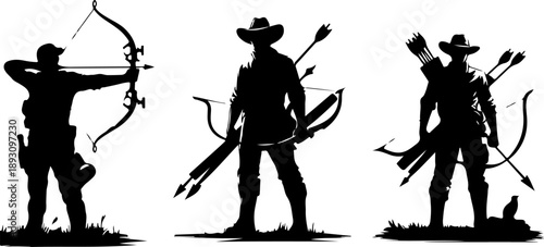 Black Silhouette Vector Art of Hunters Equipped with Bows, Arrows, and Firearms for Outdoor Expedition Concepts.