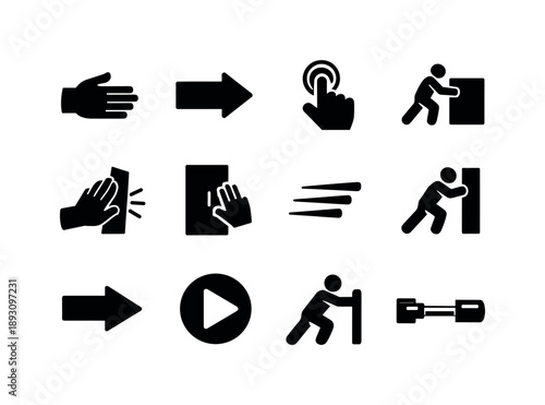 Push Icon Set. Push. Solid icon set of Push: pushing hand, forward arrow push, push button, pushing box, force applied hand, push door icon, push motion lines,