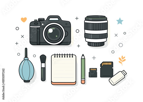 Photography Tools Setup. Photography hobby illustration. A top-down view of photography tools neatly arranged, including a camera, lens, and memory cards,