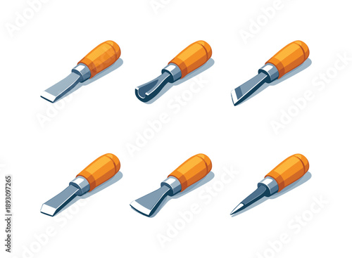 Colorful Chisel Icons. Chisels. Isometric flat vector icons set of Chisels: flat chisel blade, U-gouge chisel, V-gouge chisel, skew chisel, fishtail chisel,