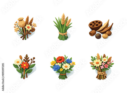 Rustic Floral Icons. Rustic Florals. Isometric flat vector icons set of Rustic Florals: wild dried flowers, field grass bundle, dried seed pods, natural stem