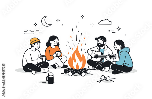 Bonfire Night Gathering. Bonfire evening outdoors. A calm moment of people gathered around a fire, with sparks rising and soft night elements around. The