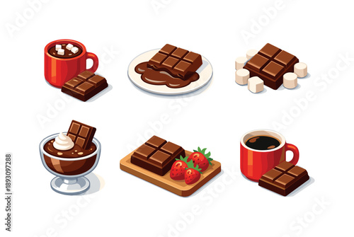 Chocolate Dessert Icons. Chocolate dessert. Isometric flat vector icons set of Chocolate dessert: chocolate bar beside cup of cocoa, melted chocolate bar on