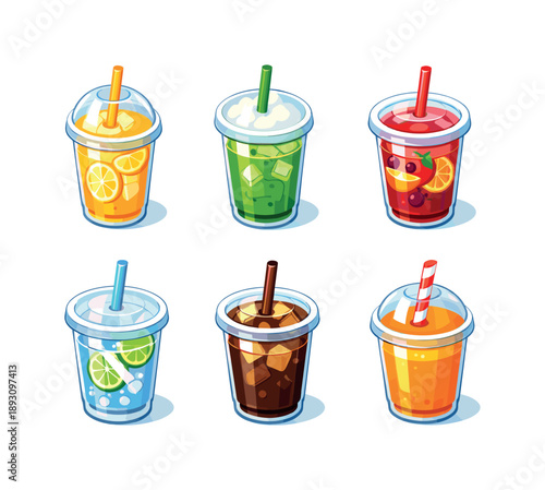 Colorful Drink Icons. FreshDrinks. Isometric flat vector icons set of fresh drinks: lemonade cup, iced matcha cup, fruit tea cup, sparkling water cup, cold