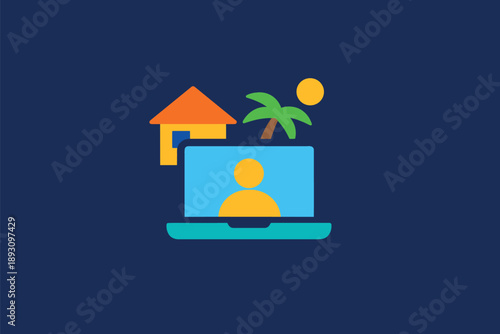Laptop with house and palm tree, remote work concept icon
