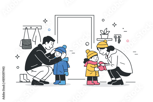 Family Winter Prep. Parents dressing kids before going out. Family standing near the door, parents adjusting hats and gloves on children. Calm preparation and
