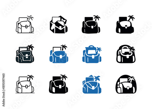 Freelancing Icon Set. Freelancing. Icon set. Set Logo of freelancing: digital nomad backpack. harmonious logo variations of the same emblematic concept, each