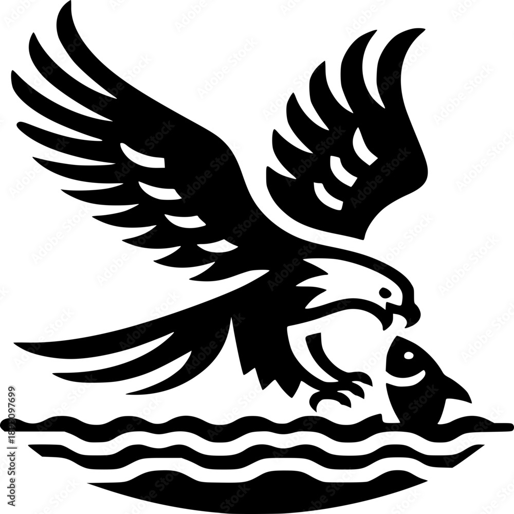 Fototapeta premium Eagle with fish: Capturing the power and grace of the iconic eagle in this captivating silhouette. The eagle, a symbol of freedom and strength, soars with a fish in its talons over stylized water.