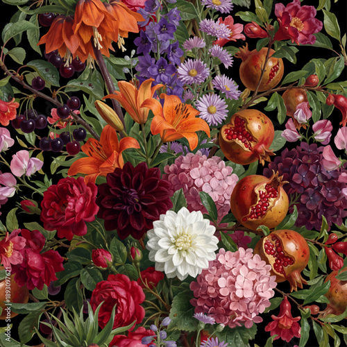 Seamless vector pattern with colorful autumn garden flowers and fruits isolated on a changeable background. Vintage painting style illustration.