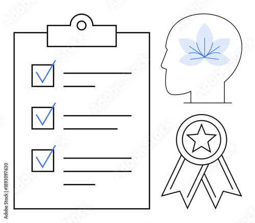 Productivity, achievements, focus, mindfulness, self-improvement, goal setting. Features checklist with checkmarks, head outline with a lotus icon and badge with a star. Productivity