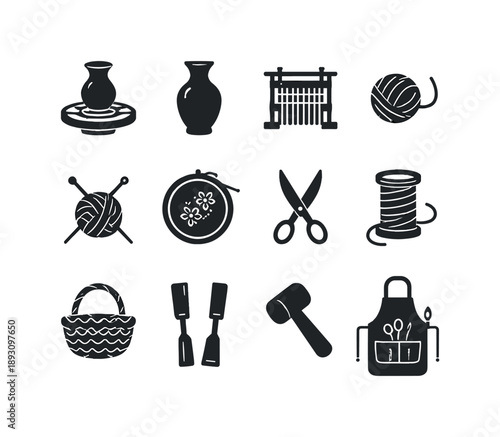 Crafting Icons Set. Crafting traditions. Solid icon set of Crafting traditions: pottery wheel, clay vase, weaving loom, yarn ball, knitting needles, embroidery