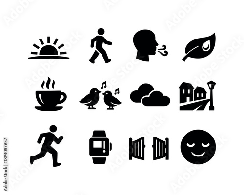 Morning Icon Set. Morning Sunshine. Solid icon set of Morning Sunshine: rising sun, walking figure, fresh air breath, dew leaf, coffee cup, birds singing,