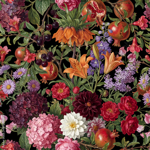 Seamless vector pattern with colorful autumn garden flowers and fruits isolated on a changeable background. Vintage painting style illustration.