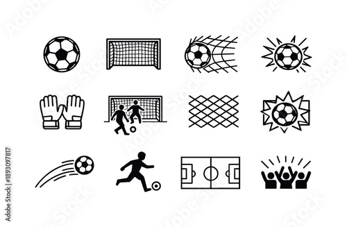 Soccer Icon Set. Soccer ball in net. Line icon set of Soccer ball in net: soccer ball, goal net, ball hitting net, goal celebration, goalkeeper gloves, penalty