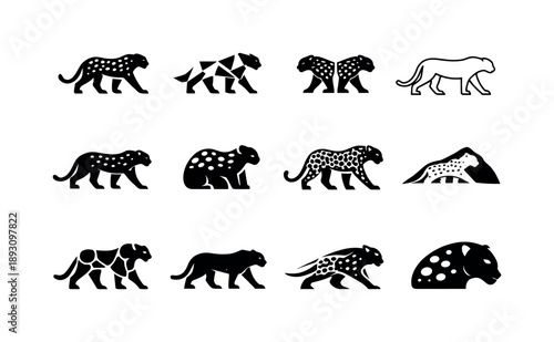 Leopard Logo Variations. Leopards. Icon set. Set Logo of Leopards: spotted leopard silhouette. harmonious logo variations of the same emblematic concept, each