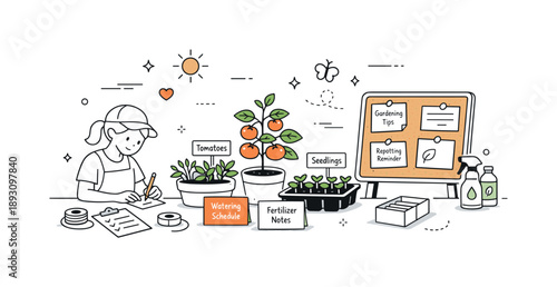 Modern Greenhouse Workspace. Greenhouse gardening workspace. Modern greenhouse corner with plants, labels, and small cards for notes, showing organized plant