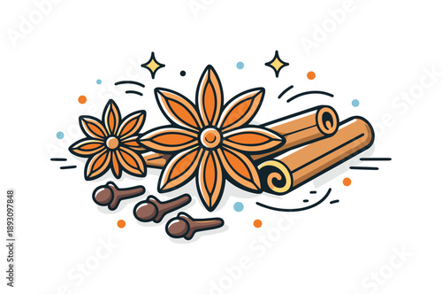 Winter Spice Harmony. Star anise spices. Star anise combined with cinnamon sticks and cloves, arranged carefully as a spice composition. Natural harmony of