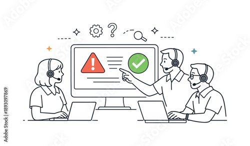 Tech Troubleshooting Team. Tech support team troubleshooting. Specialist pointing at a screen with warning and check icons. Focused problem-solving and