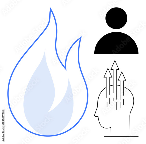 Creativity concept. Creativity through symbols thumbs up a flame and head with arrows thought processes. Creativity and motivation for inspiration, innovation, and learning. Broad uses education