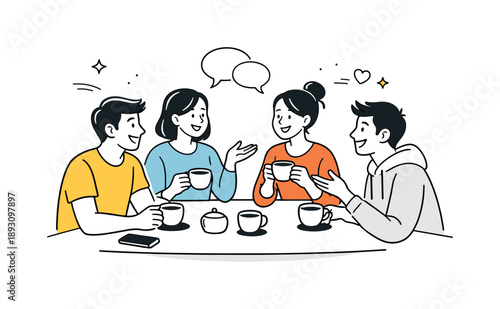 Cafe Chat Companions. Friends at cafe conversation. A small group of friends sitting at a table with coffee cups, chatting and smiling. Relaxed social moment