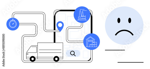 Logistic route planning. Route highlighting delivery destinations with a truck and map interface. Logistic decisions optimize time management and supply chain. For transportation, supply chain