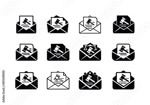 Judge's Decision Icons. judge?s decision written on paper. Icon set. Set Logo of judge?s decision written on paper: envelope containing ruling. harmonious logo