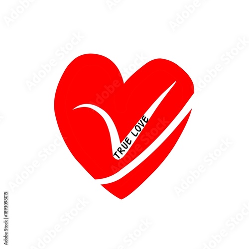 A bold red heart emblem featuring a curved white ribbon and the words True Love. This graphic conveys romance, devotion, and affection, ideal for Valentine campaigns, gifts, or love-theme branding.