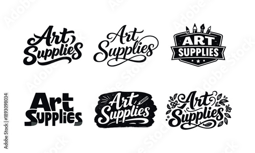 Creative Lettering Variations. Art supplies lettering. Set lettering. harmonious lettering variations of the same emblematic concept, each with different