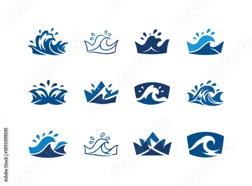 Crashing Waves Icons. Crashing waves. Icon set. Set Logo of crashing waves: wave splash crown. harmonious logo variations of the same emblematic concept, each