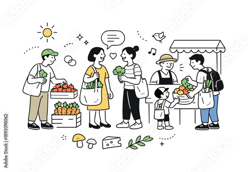 Weekend Market Stroll. Weekend market visit. People carrying tote bags and selecting fresh food, friendly conversations and shared discovery, organic shapes