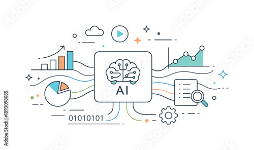 AI Data Flow. Artificial intelligence data processing. AI core analyzing charts and data streams, calm clarity and structured logic. Soft geometric shapes and