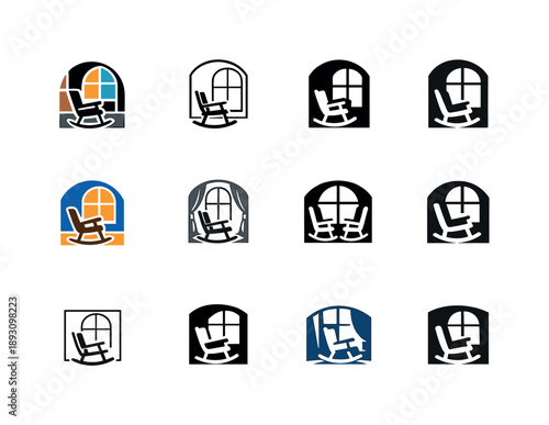 Rocking Chair Logos. Rocking chair by the window. Icon set. Set Logo of rocking chair by the window: window alcove with rocking chair. harmonious