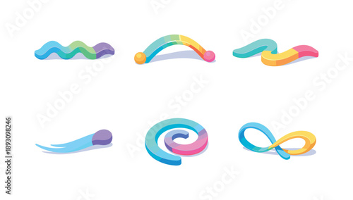 Soft Motion Icons. SoftMotion. Isometric flat vector icons set of soft motion: gentle wave line, smooth motion arc, flowing curve path, subtle movement stroke,