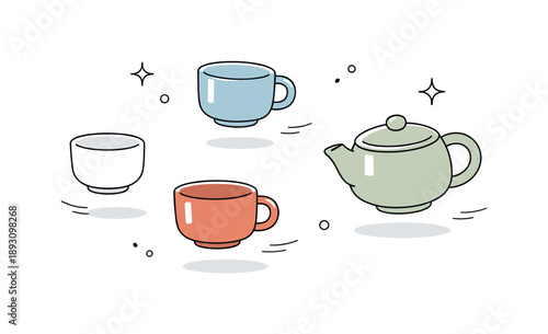 Minimalist Stoneware Tea Set. Minimal tea set. A small group of stoneware tea cups with clean silhouettes and muted colors, floating gently in an