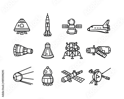 Historic Spacecraft Icons. Historic Spacecraft. Line icon set of Historic Spacecraft: Apollo command module, Saturn V rocket, Soyuz capsule, Space Shuttle