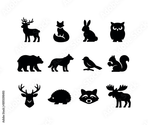 Winter Animals Icons. Winter sleigh ride. Solid icon set of wintry animals: reindeer, fox, rabbit, owl, bear, wolf, songbird, squirrel, stag head, hedgehog,