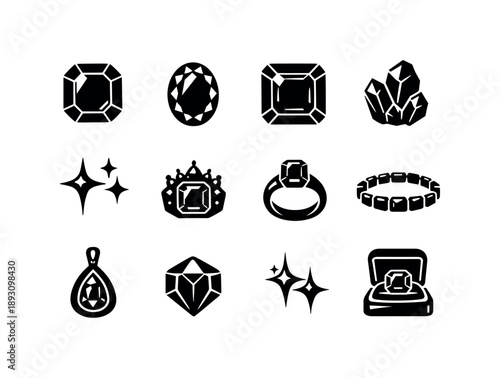 Emerald Gemstone Icons. Emerald gemstones. Solid icon set of emerald gemstones: faceted emerald, oval emerald, square cut emerald, raw crystal, gemstone shine,