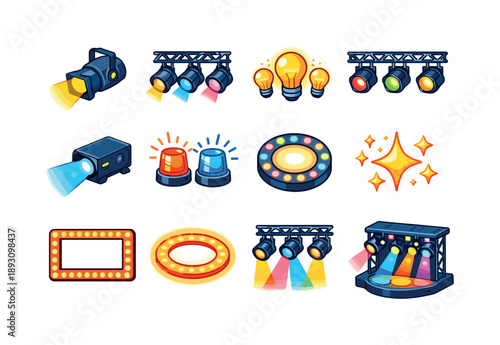 Colorful Stage Light Icons. Show lights. Colorful isometric vector icons set of show lights: stage spotlight, overhead lights, glowing bulbs, light rig, beam