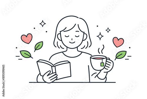 Tranquil Tea Time. Practicing self care. A person relaxing with a cup of tea and a book, surrounded by gentle heart and leaf symbols. Quiet moment of care,