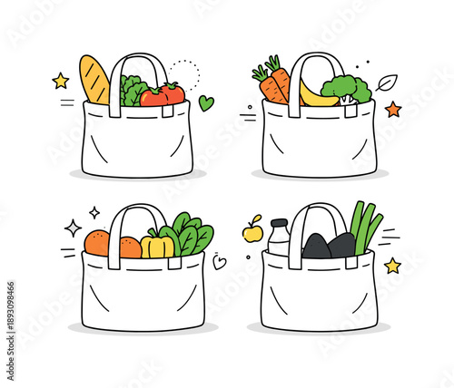 Eco-Friendly Grocery Bags. Reusable shopping bags flat lay. Cloth grocery bags with visible handles placed evenly, containing fruits and vegetables, expressing