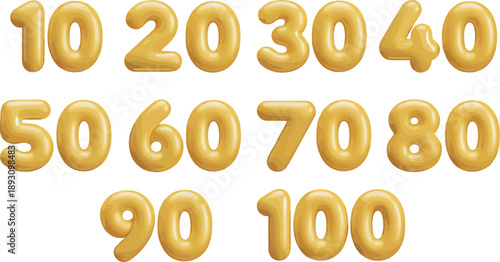 3D Yellow Balloon Numbers Set Glossy Inflatable Digits For Party Decoration Vector Illustration on transparent background