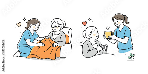 Elderly Care Comfort. Caregiving for elderly comfort. Caregiver adjusting a blanket or offering a warm drink. Feeling of care, dignity, and emotional
