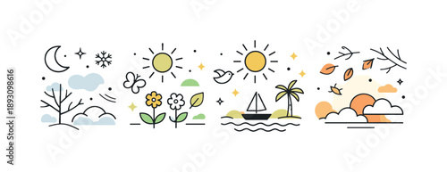 Seasonal Mood Transition. Emotional seasonal transition. Abstract shapes and symbols changing density and brightness to reflect shifting mood across seasons.