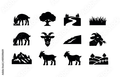 Goats in Nature Icons. Goats and nature. Solid icon set of Goats and nature: goat eating grass, tree silhouette, goat path, field of grass, grazing animal,