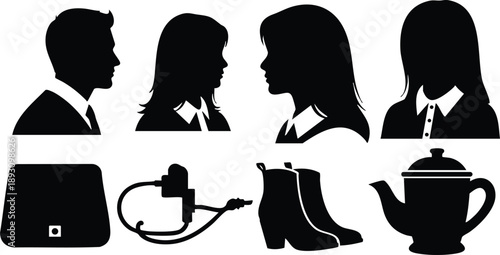 Silhouette vector art showing side profiles of three women and one man with business attire along with icons of purse charger boots and teapot in black