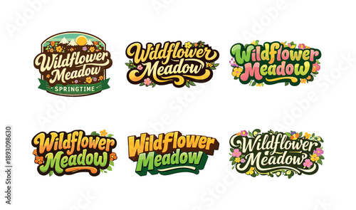 Meadow Lettering Variations. Wildflower meadow spring. Set lettering. harmonious lettering variations of the same emblematic concept, each with different