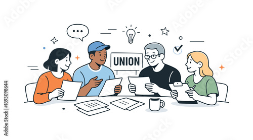 Collaborative Union Meeting. Union meeting and discussion. Employees sit together reviewing papers and talking, representing cooperation and shared